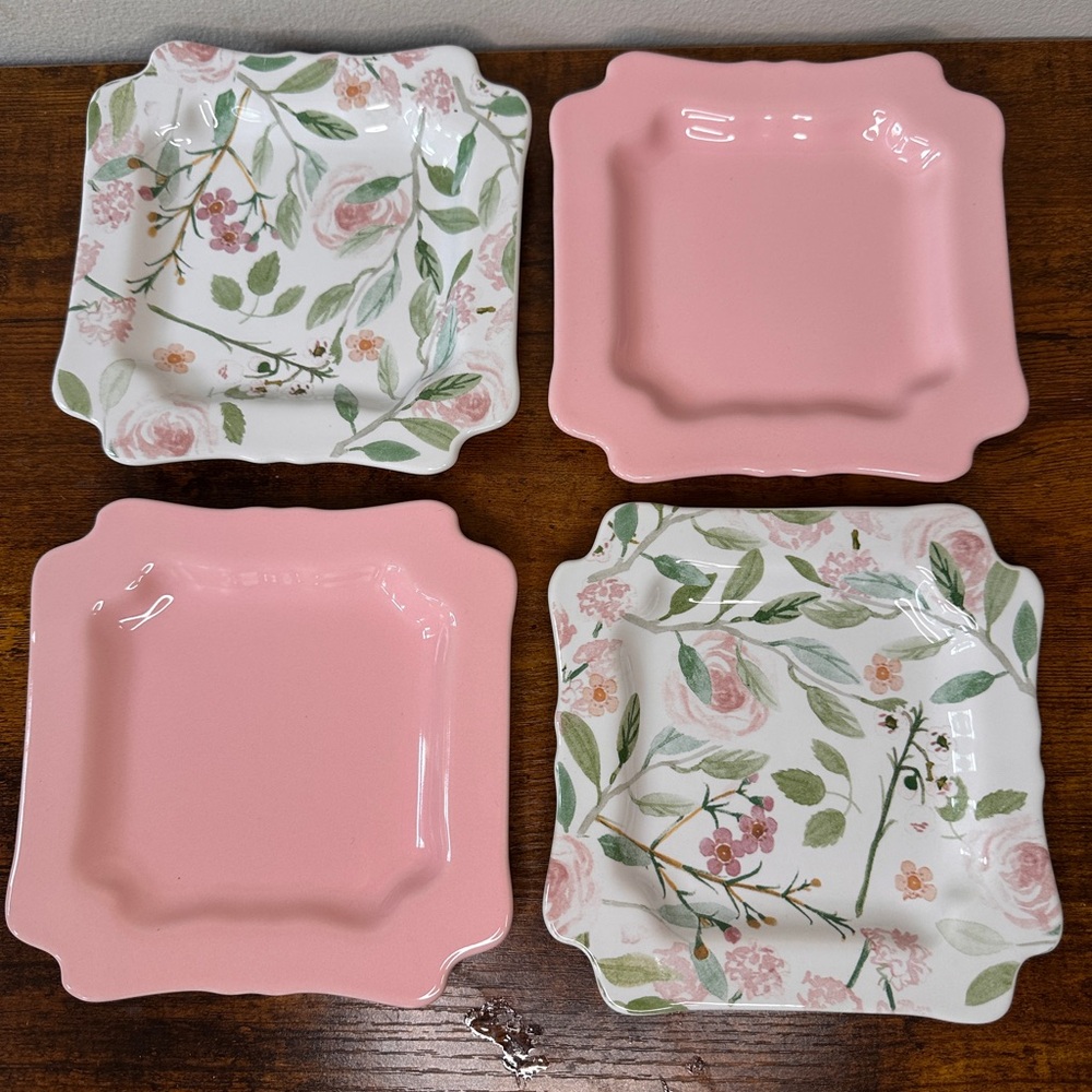 Sweet Laurel 6" Square Dessert Plates Set of 4 Pink Floral Victorian Style NIB